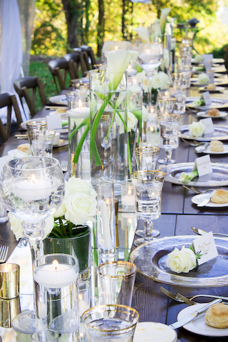 wooden farmhouse tables - gold rimmed charger plates - gold rimmed glassware - luxurious wedding decor - North Carolina weddings - North Carolina micro wedding - micro wedding-