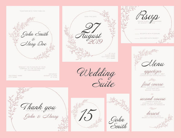 Modern pink Wedding suite collection card templates with pink flowers, labels and decorations on white - invitation, save the date card, rsvp, thank you card, table number, table name card, menu